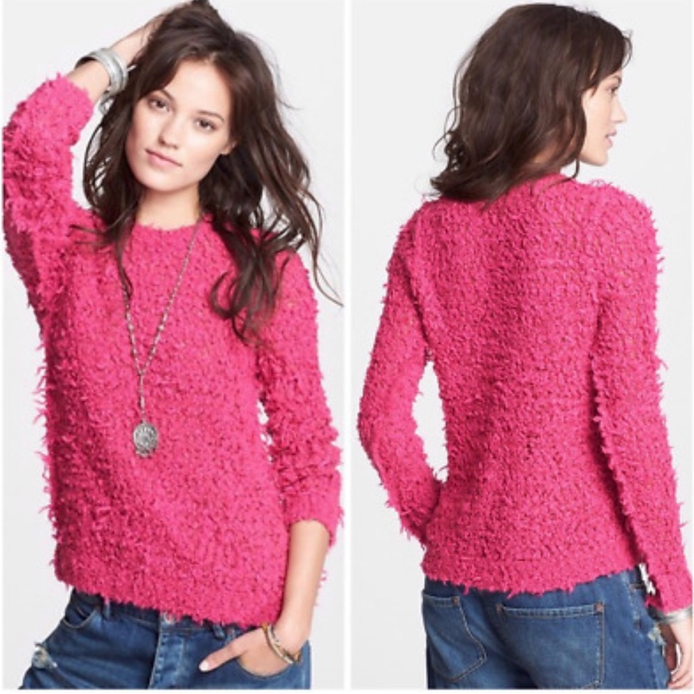 Free People Pink Fuzzy Shaggy Textured Sweater Top